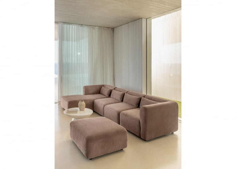 Canapé modulaire avec méridienne gauche 4 pièces avec pouf Fogler - Velours Côtelé Camel Brun