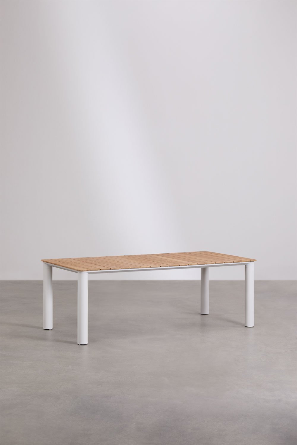 Ensemble table rectangulaire 220x100 cm en aluminium et bois de teck Sirka et 10 chaises de jardin en aluminium et tissu Roderis, image de la galerie 2