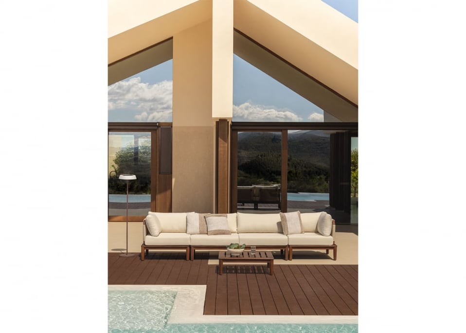 Ensemble de jardin avec canapé modulaire de 4 pièces avec 2 fauteuils d'angle et table basse en acacia Giulia