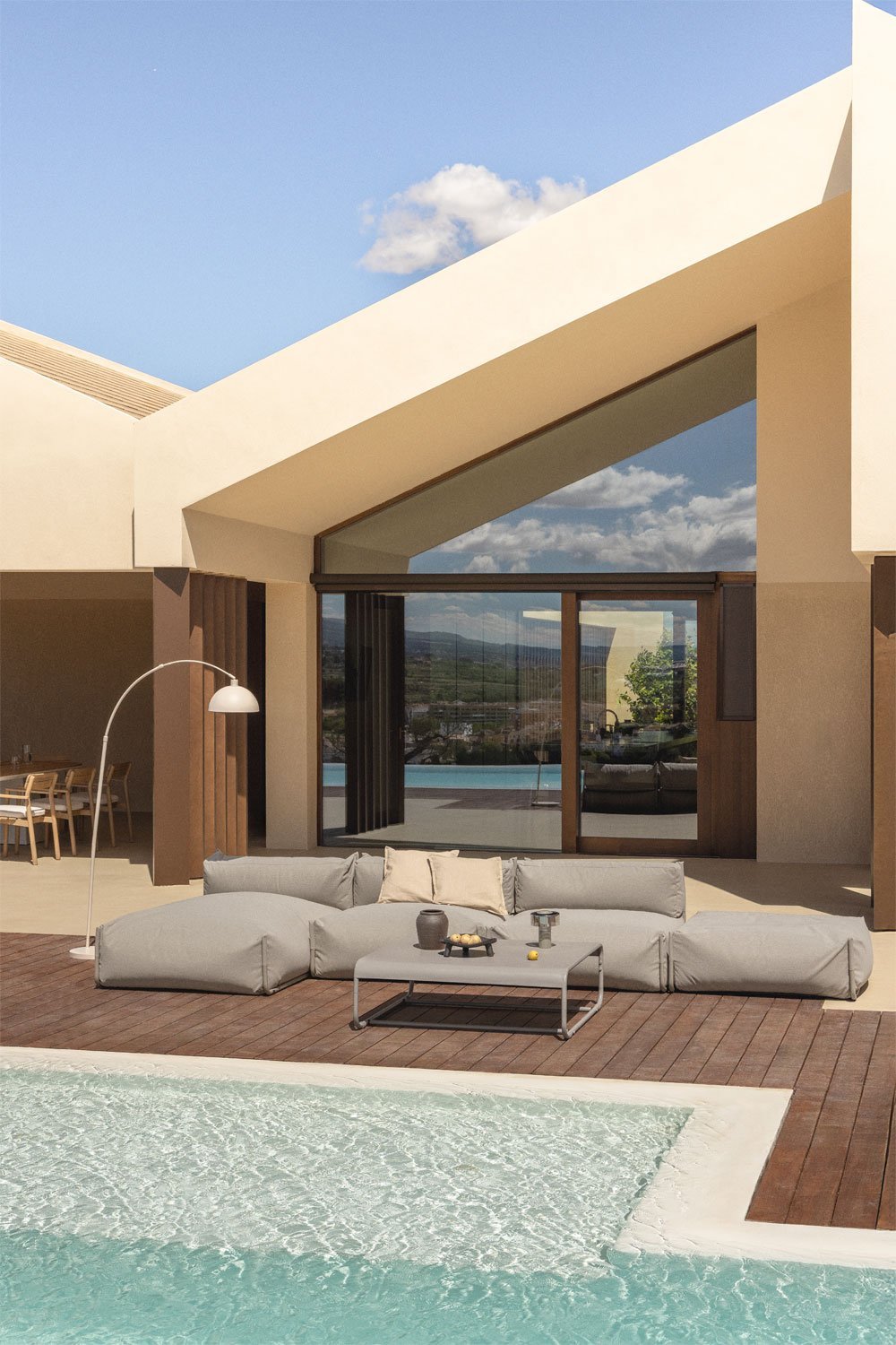 Ensemble de jardin Porto avec canapé méridienne modulable 3 pièces, pouf et table basse, image de la galerie 1