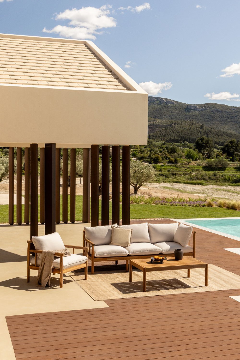 Ensemble de jardin avec canapé 3 places et fauteuil en bois d'acacia Melvin  , image de la galerie 1