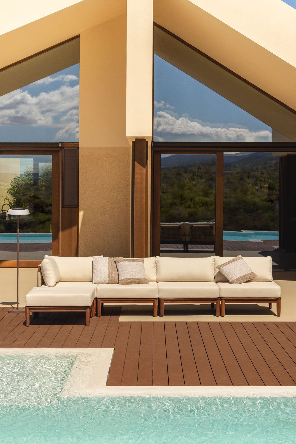 Canapé d'angle de jardin modulable 4 pièces Giulia et pouf en acacia, image de la galerie 1