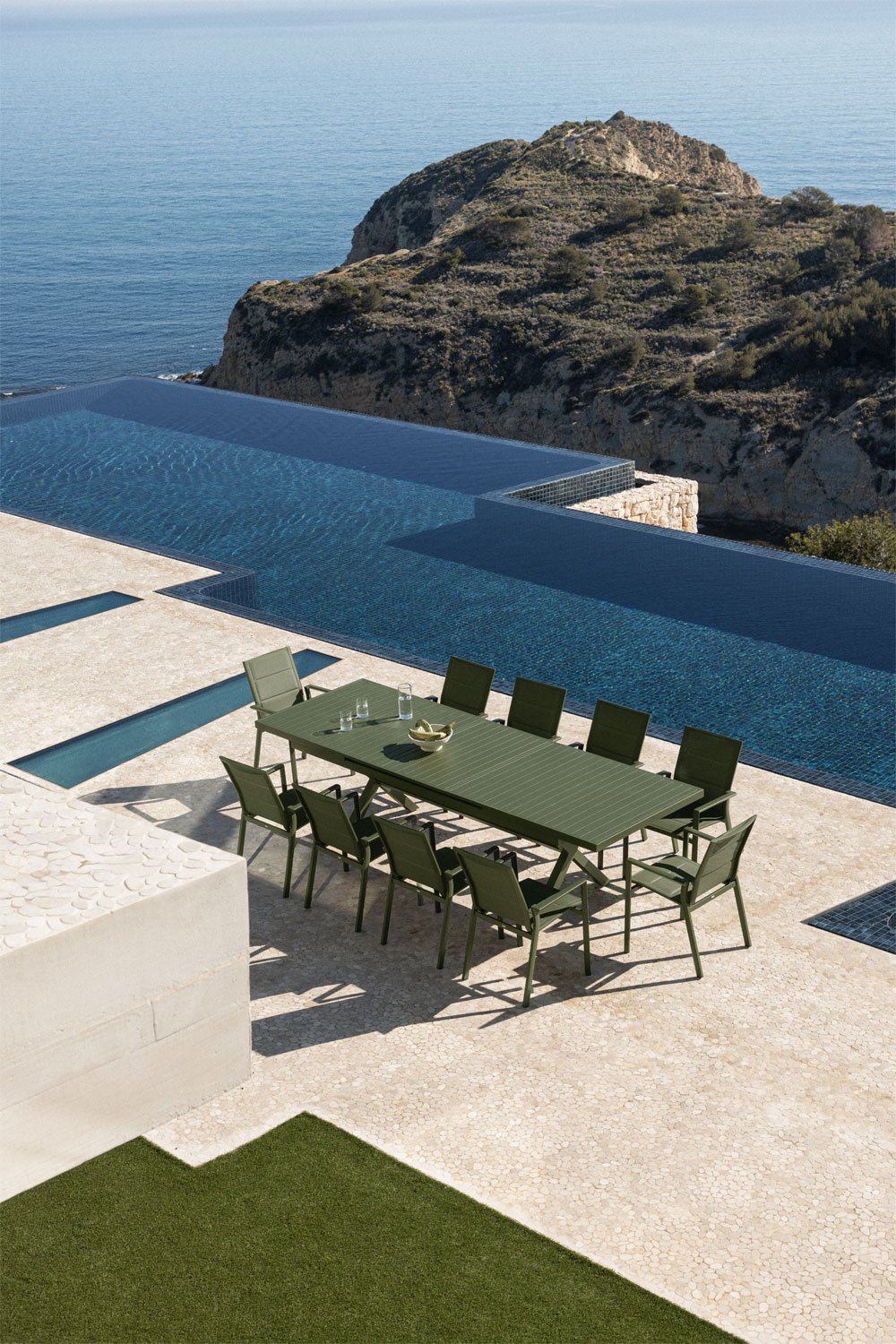 Set de table extensible rectangulaire 240-300x100 cm et 10 chaises de jardin empilables avec accoudoirs en aluminium Karena, image de la galerie 1