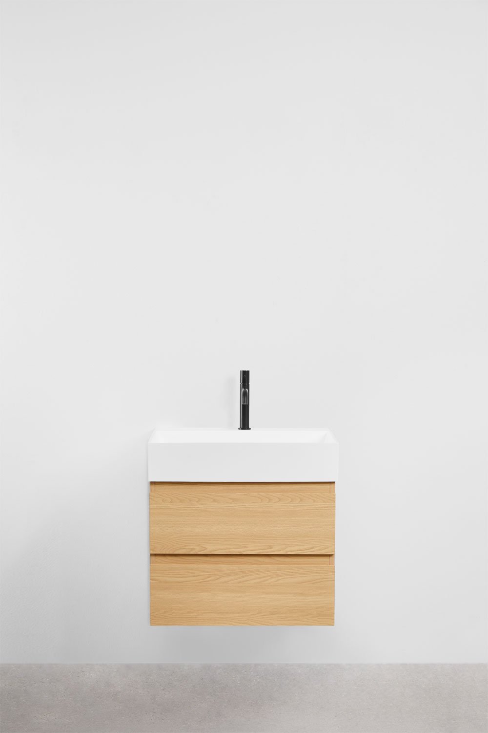 Ensemble de meuble de salle de bain suspendu en bois et placage de frêne avec lavabo intégré Ona, image de la galerie 2