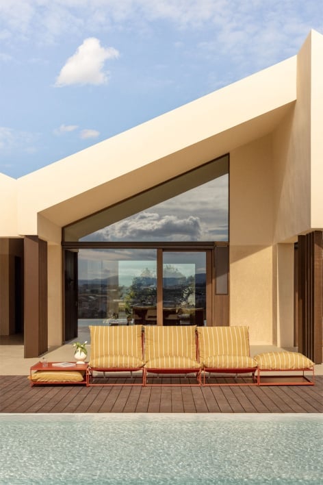 Ensemble de jardin Amaro avec canapé modulable 3 pièces, table d'appoint et pouf convertible