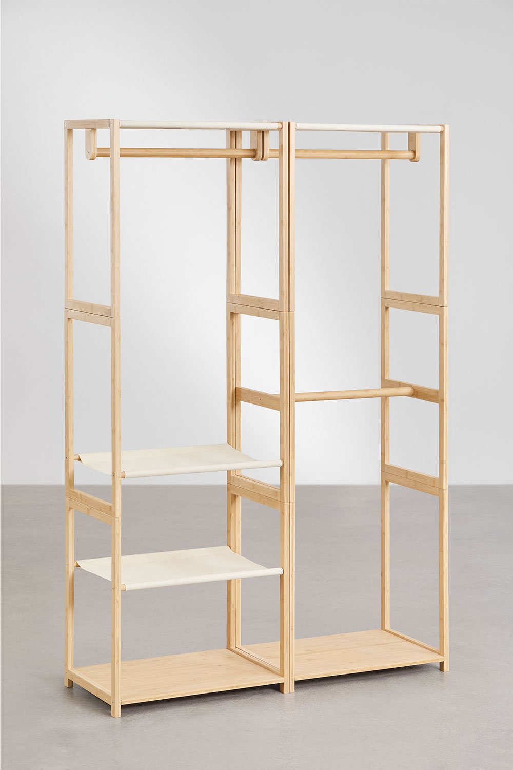Armoire modulaire ouverte en bambou Deneb 2 pièces avec étagères et portant, image de la galerie 3