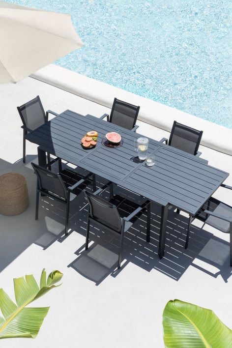 Ensemble de table extensible rectangulaire Starmi, 180-240x100 cm, en aluminium et 6 chaises de jardin Eika.