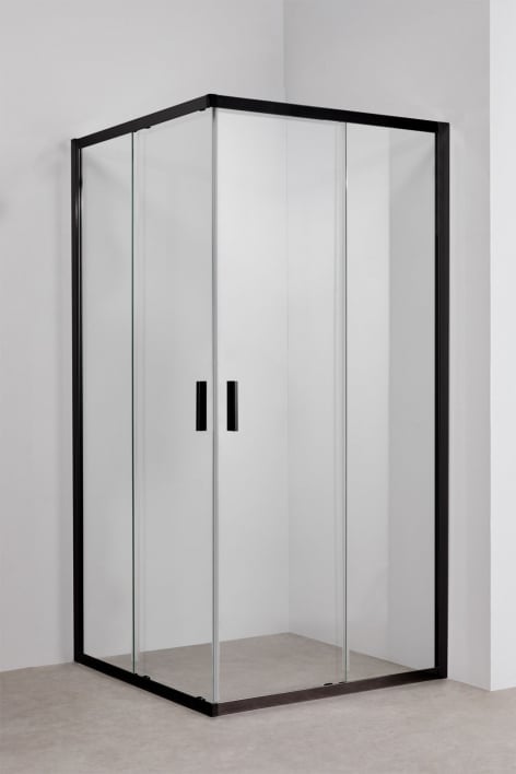 Paroi de douche carrée 100x100x195 cm portes coulissantes soft closing, verre trempé 6 mm et aluminium noir mat Brent