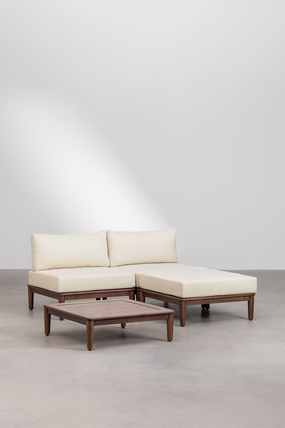 Ensemble de salon avec canapé modulaire 2 pièces, table basse et pouf en acacia Giulia, image de la galerie 1