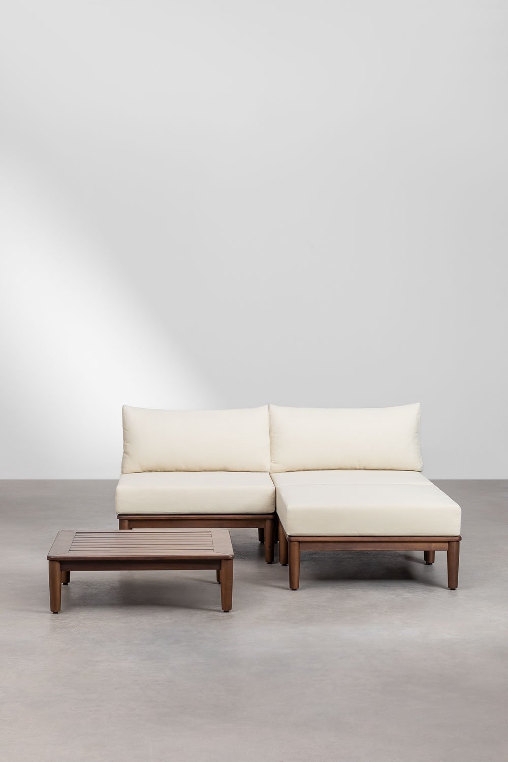 Ensemble de salon avec canapé modulaire 2 pièces, table basse et pouf en acacia Giulia, image de la galerie 2