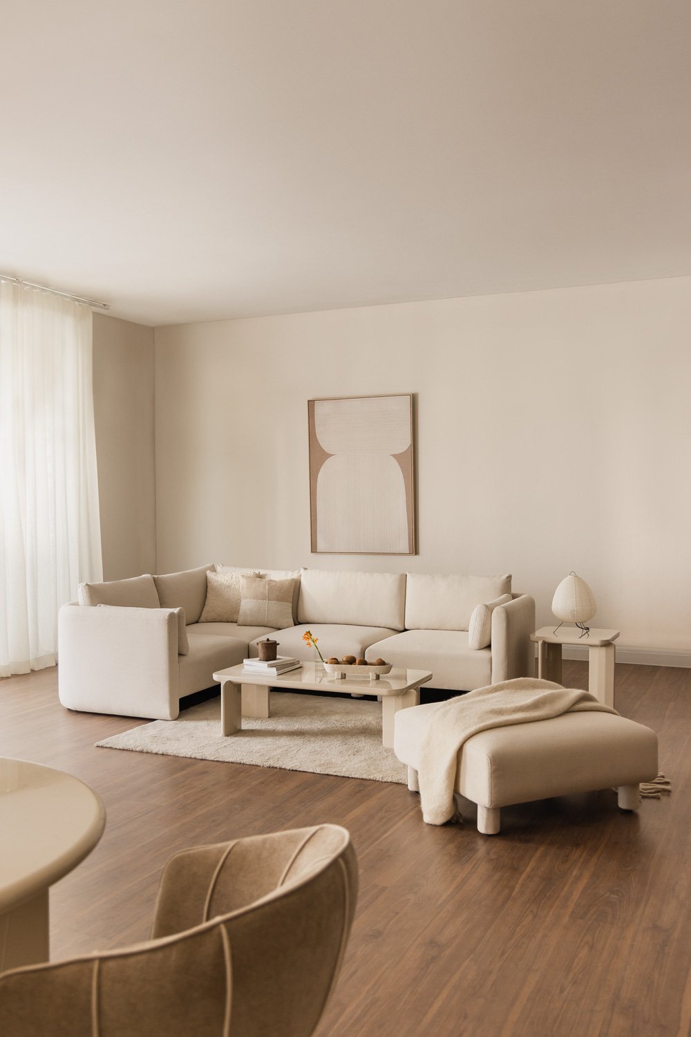 Canapé d'angle gauche modulable 4 pièces et pouf en tissu bouclé Artemisa, image de la galerie 1