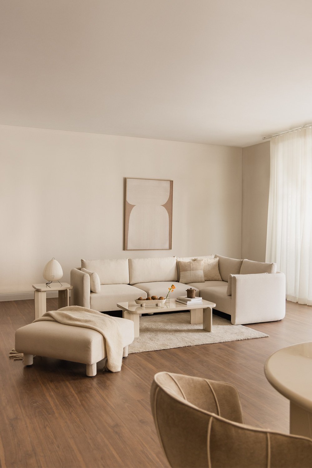 Canapé modulable d'angle droit 4 pièces et pouf en tissu bouclé Artemisa, image de la galerie 1