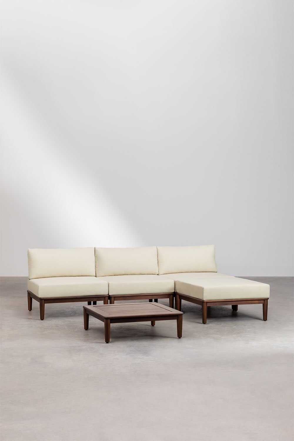 Ensemble de salon avec canapé modulable 3 pièces, table basse et pouf en bois d'acacia Giulia, image de la galerie 1