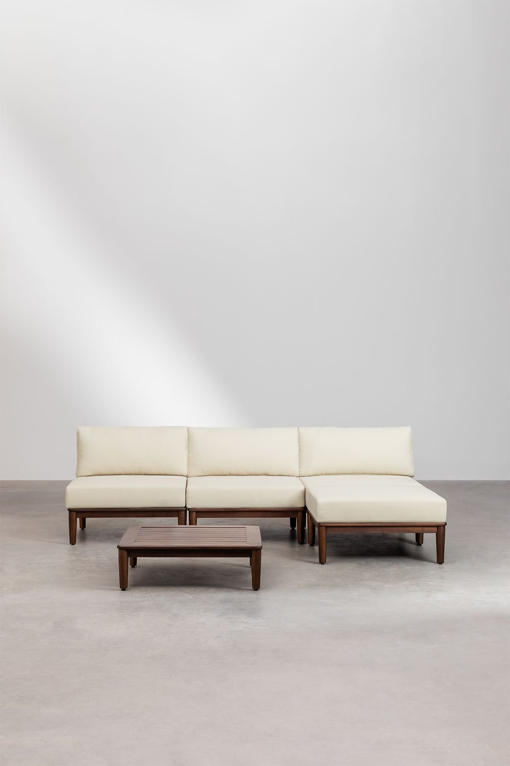 Ensemble de salon avec canapé modulable 3 pièces, table basse et pouf en bois d'acacia Giulia, image de la galerie 2