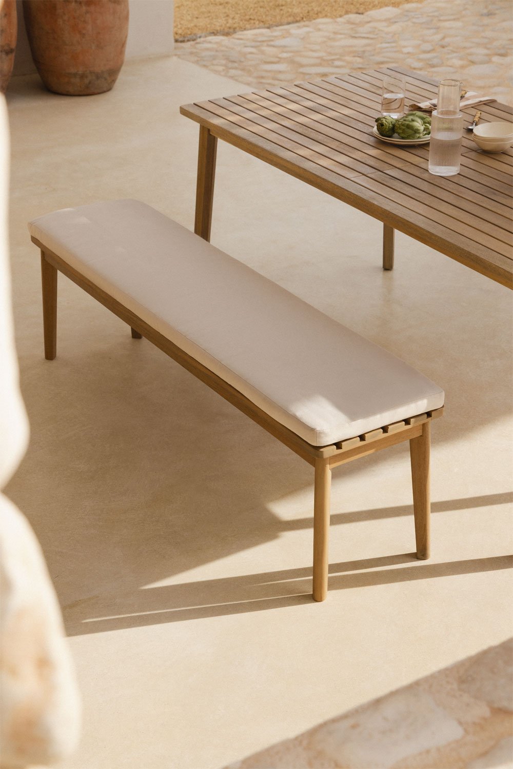 Banc de jardin 160 cm en bois d'acacia et tissu Kaela, image de la galerie 1