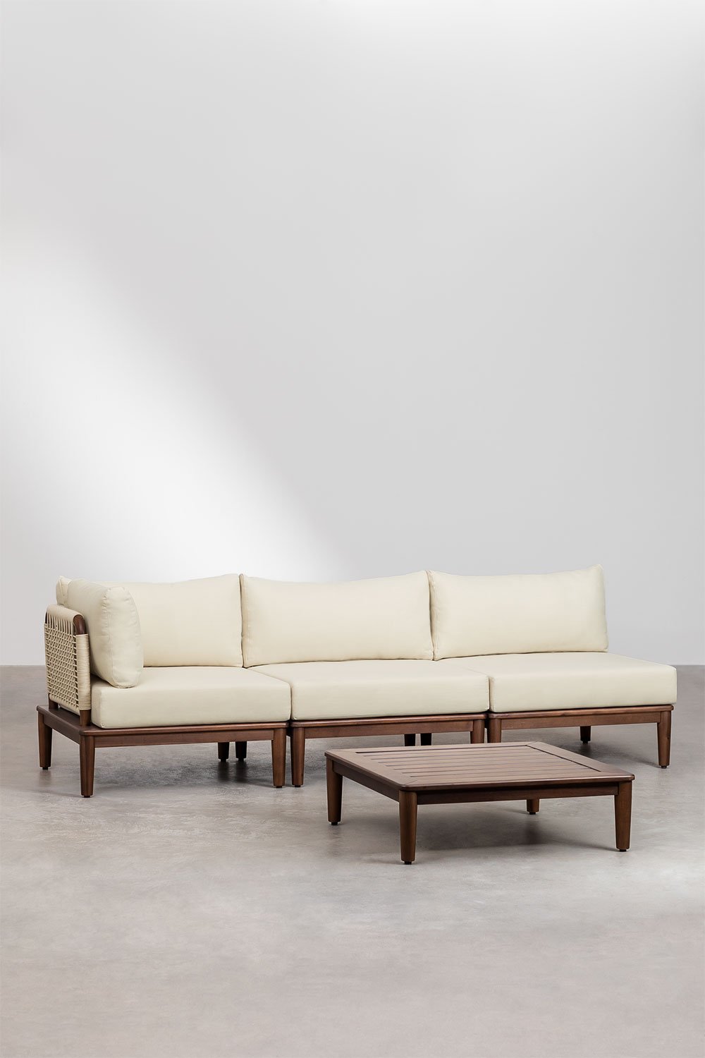 Ensemble de salon avec canapé d'angle modulaire 3 pièces et table basse en acacia Giulia, image de la galerie 1