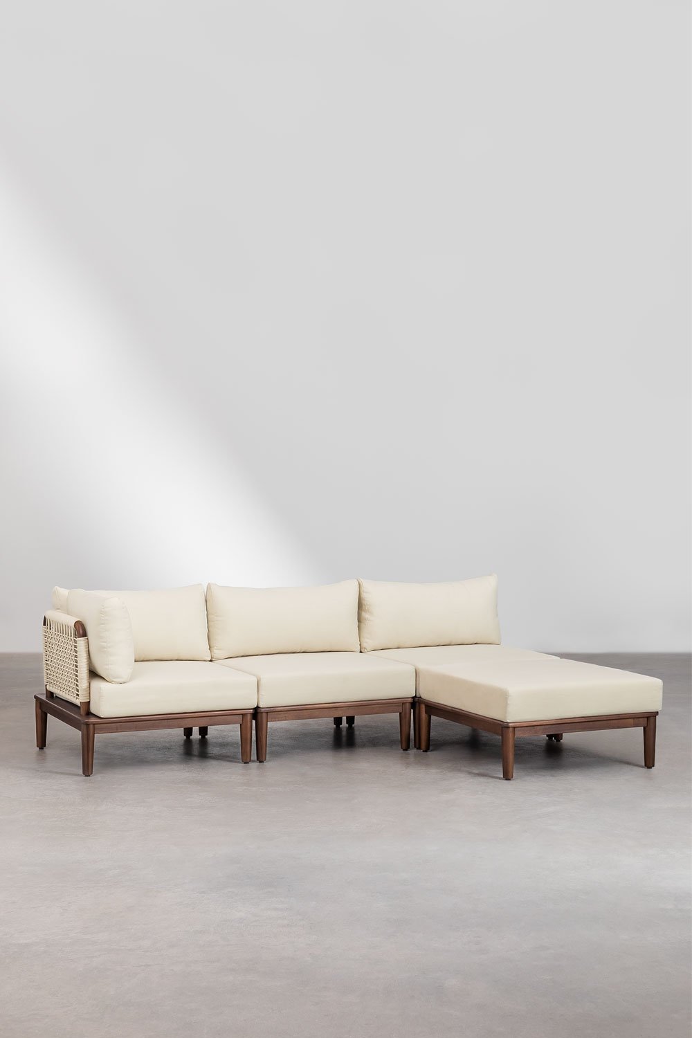 Canapé d'angle modulaire 3 pièces et pouf en acacia Giulia, image de la galerie 1