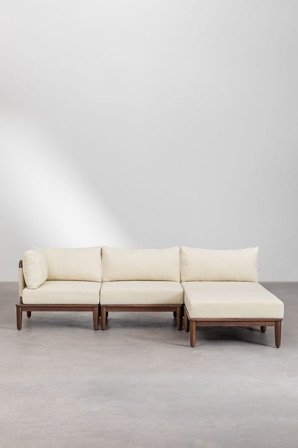 Canapé d'angle modulaire 3 pièces et pouf en acacia Giulia, image de la galerie 2