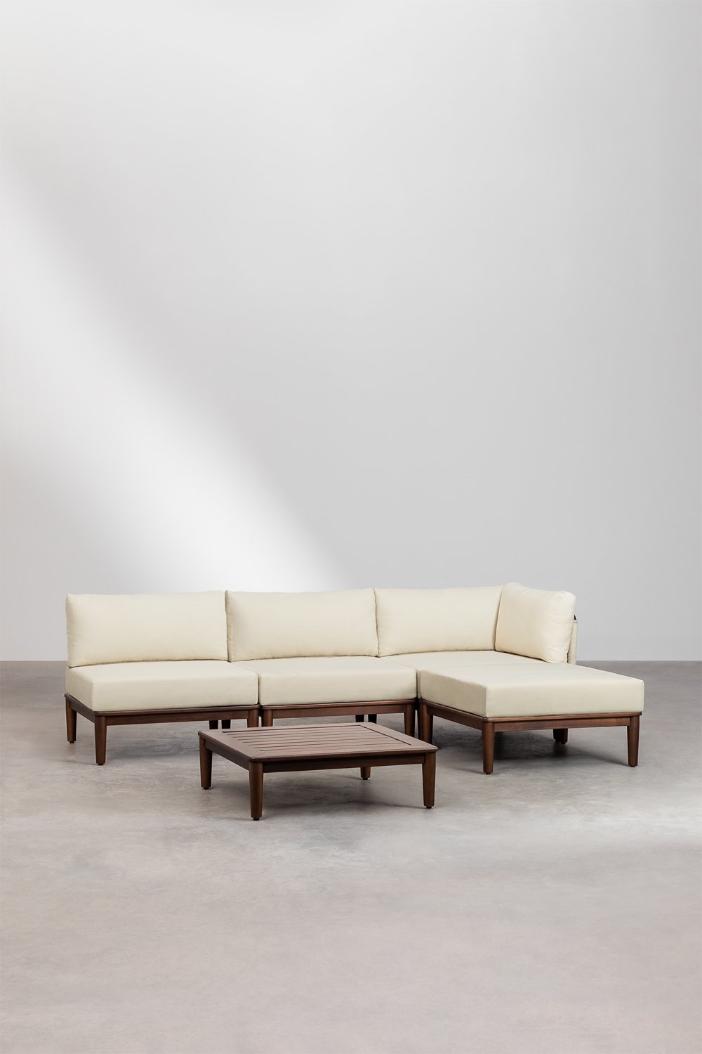 Ensemble de salon avec canapé d'angle modulable 3 pièces, table basse et pouf en bois d'acacia Giulia   , image de la galerie 1