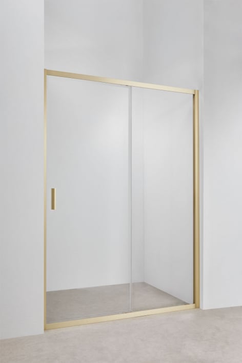 Paroi de douche accès frontal avec porte coulissante 140x195 cm, verre trempé transparent 6 mm et aluminium doré brossé Dover - Or brossé