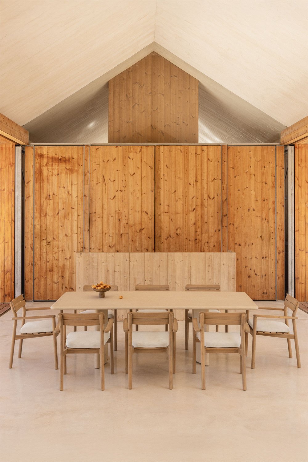 Ensemble table rectangulaire 240x100 cm en ciment Chelsea et 8 chaises de jardin Saira en bois d'acacia avec accoudoirs, image de la galerie 1