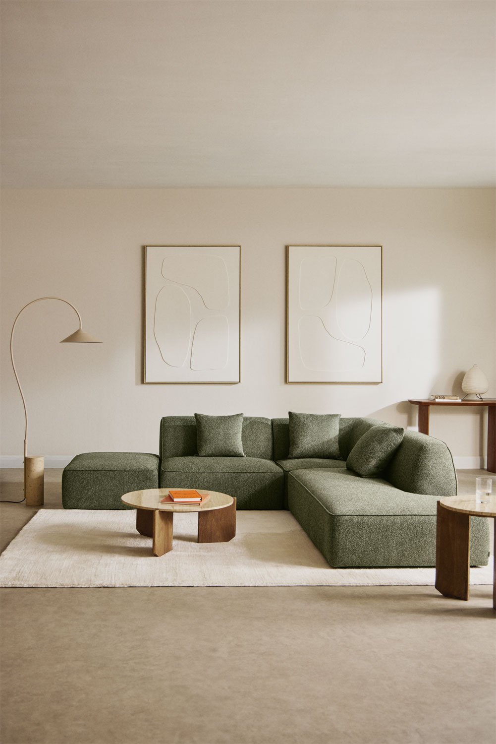 Canapé d'angle modulable Cardea 3 pièces avec méridienne droite et pouf rembourré, image de la galerie 1