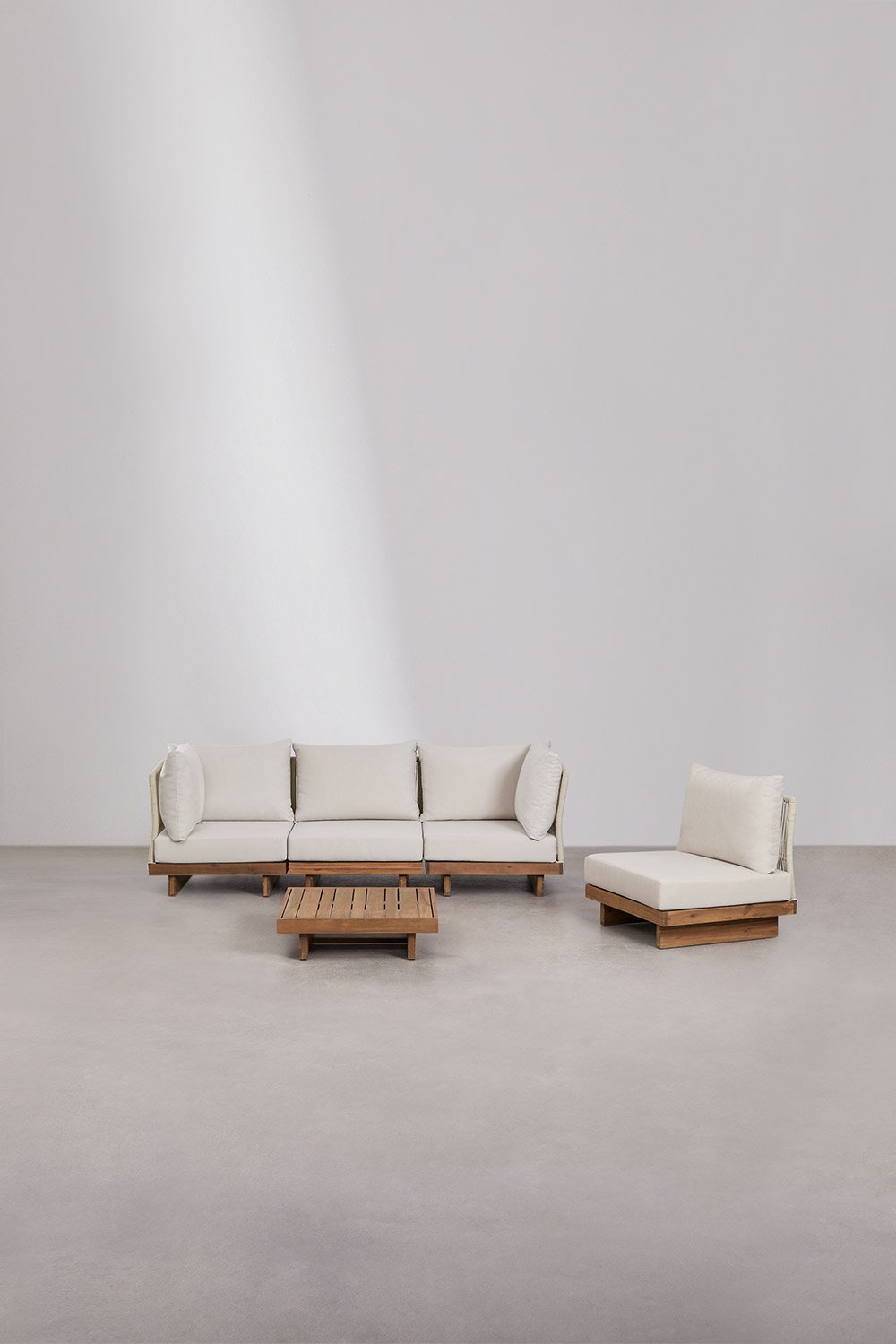 Ensemble de salon avec canapé d'angle modulable 4 pièces et table basse en bois d'acacia Dailin, image de la galerie 1