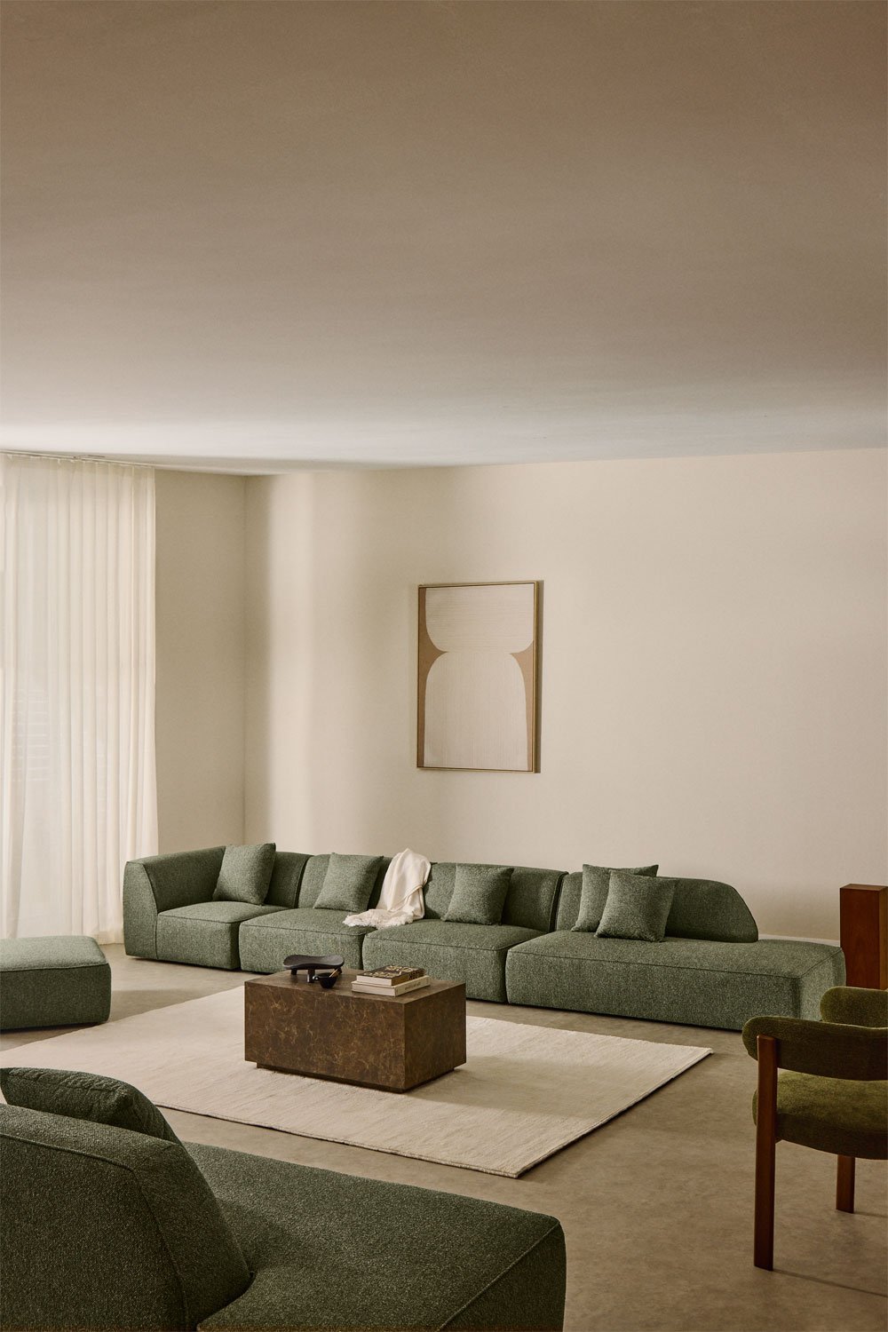 Canapé d'angle modulable Cardea 4 pièces avec méridienne droite et pouf rembourré, image de la galerie 1