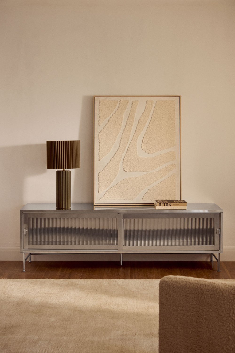 Meuble TV 180x40 cm en acier et verre Paoline, image de la galerie 1