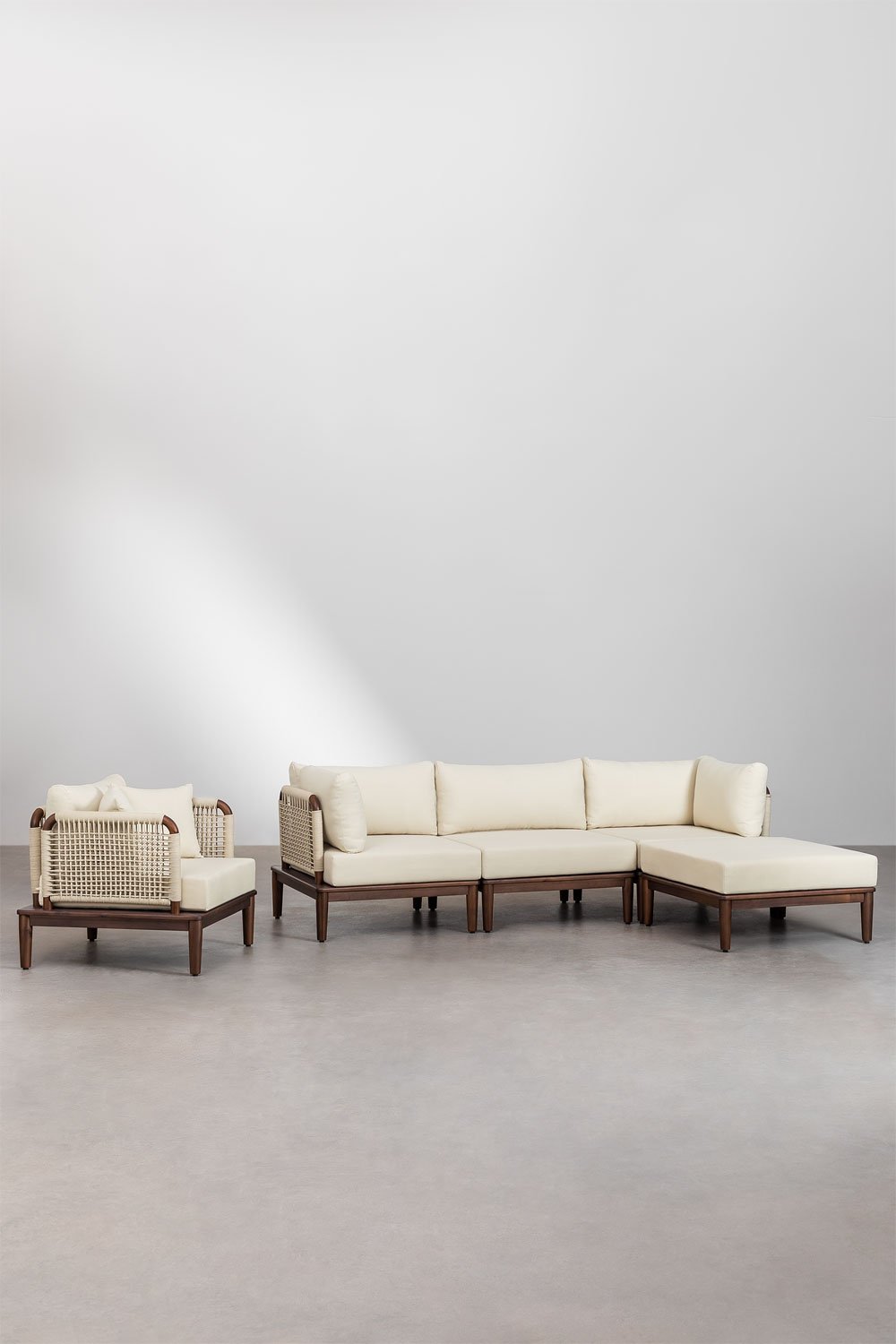 Ensemble de salon avec canapé modulaire de 3 pièces avec 2 fauteuils d'angle, pouf et fauteuil en acacia Giulia, image de la galerie 1