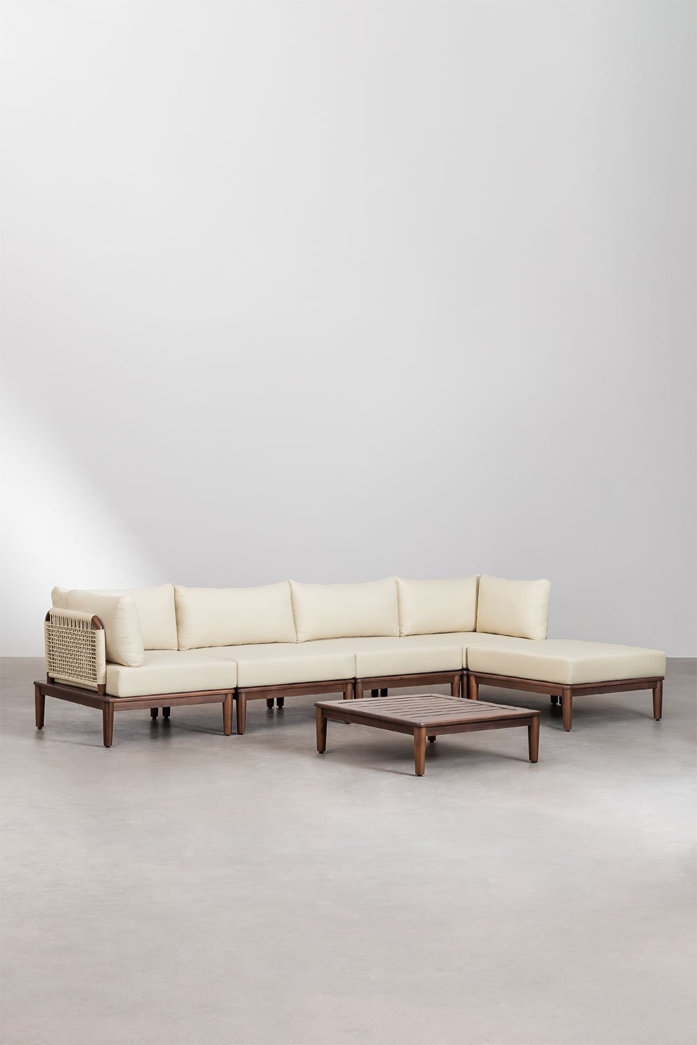 Ensemble de salon avec canapé modulaire de 4 pièces comprenant 2 fauteuils d'angle, table basse et pouf en acacia Giulia, image de la galerie 1