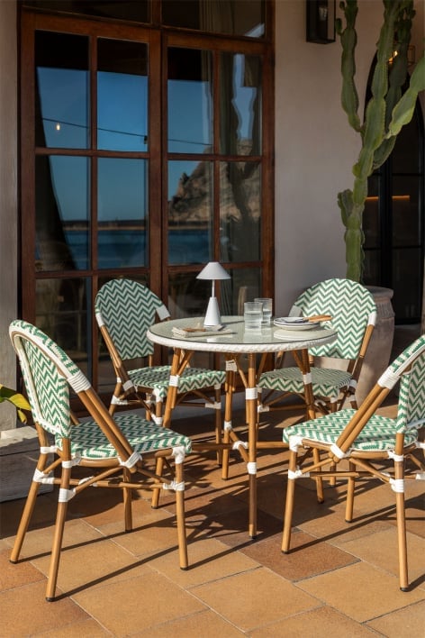 Ensemble table ronde Brielle Bistro (80 cm de diamètre) et 4 chaises de jardin empilables en aluminium