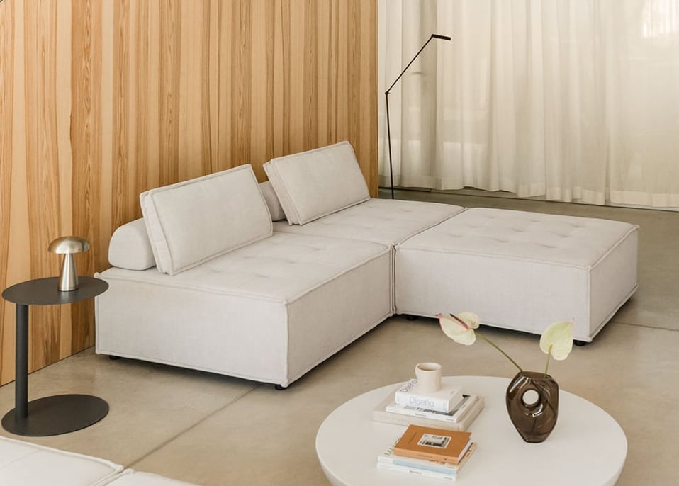 Canapé modulable 2 pièces et pouf en tissu Vermont - Tissu Beige crème