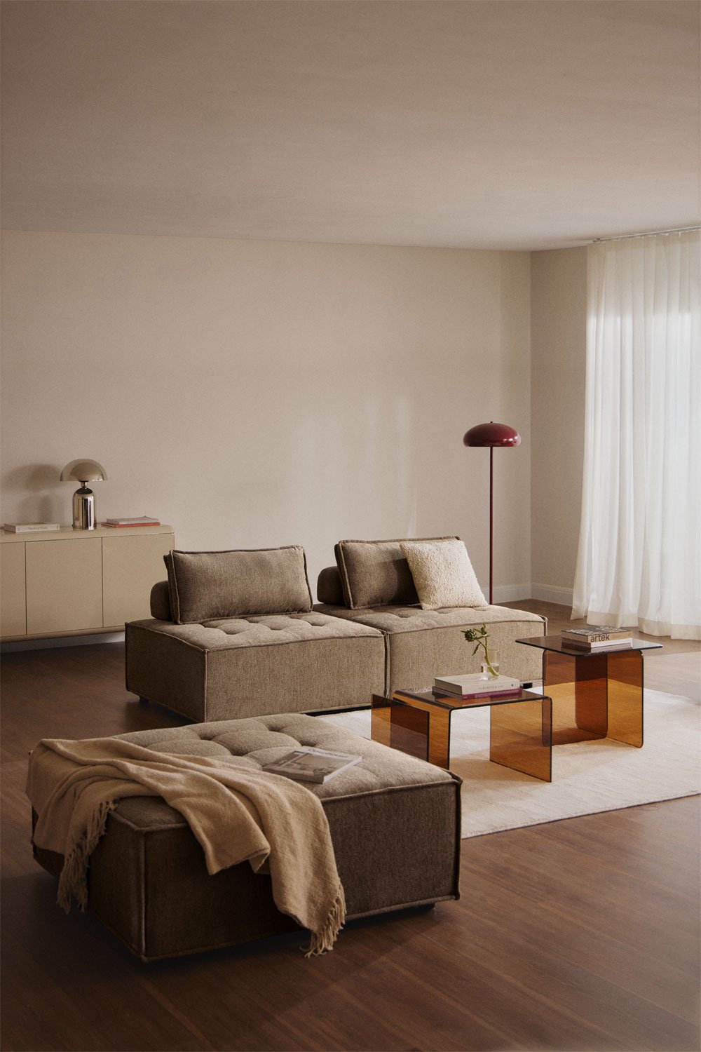 Canapé modulable 2 pièces et pouf en tissu Vermont, image de la galerie 1