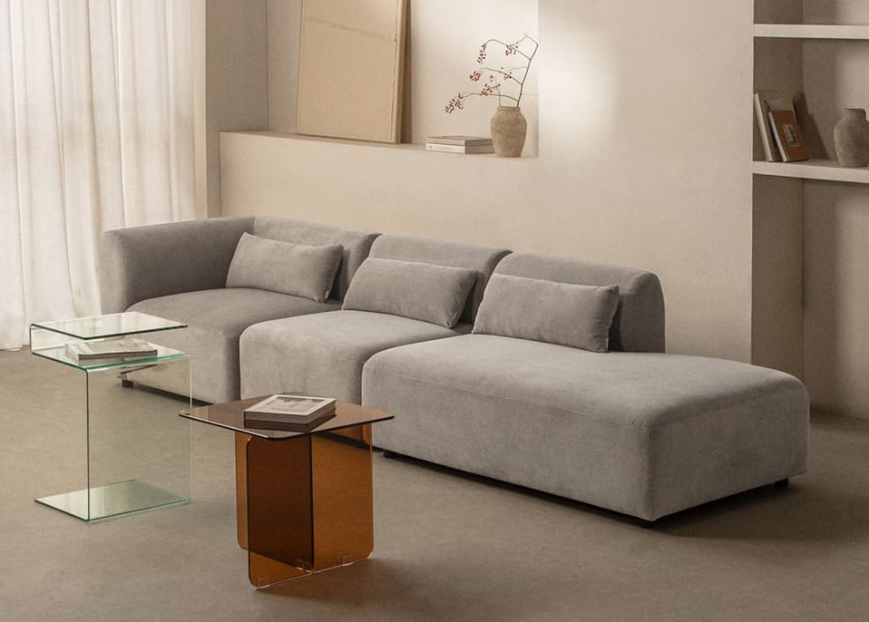 Canapé modulaire d'angle 3 pièces Fogler avec méridienne droite - Velours Côtelé Gris Taupe Clair