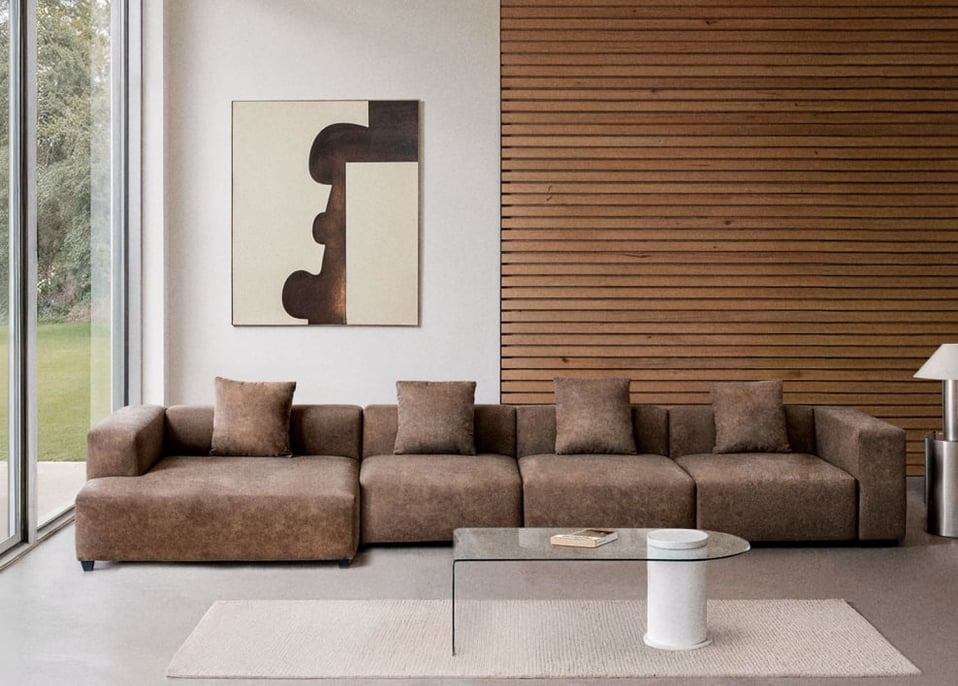 Canapé modulaire avec méridienne gauche de 4 pièces ↔︎420 cm avec accoudoir haut Bruna - Daim café marron