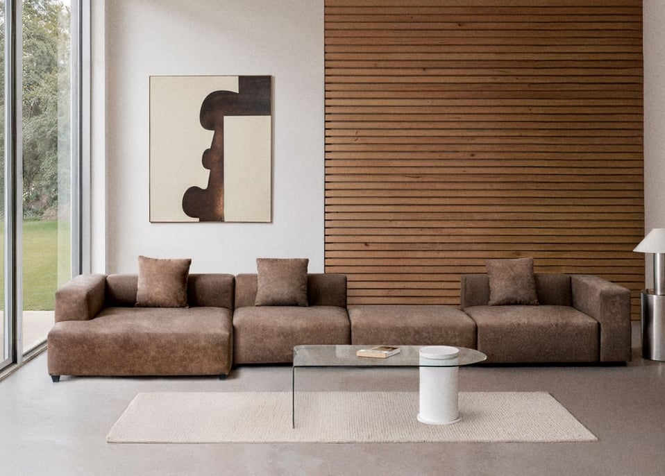 Canapé modulaire méridienne gauche 3 pièces avec accoudoir haut et pouf ↔︎480 cm Bruna