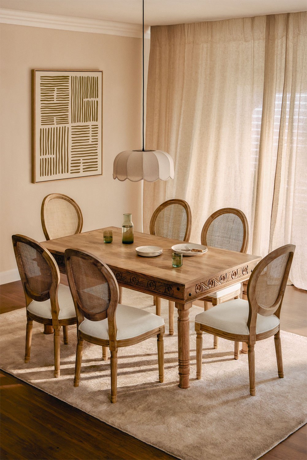 Ensemble de table rectangulaire Taraz en bois de manguier (160x90 cm) et 6 chaises de salle à manger en tissu Sunna, image de la galerie 1