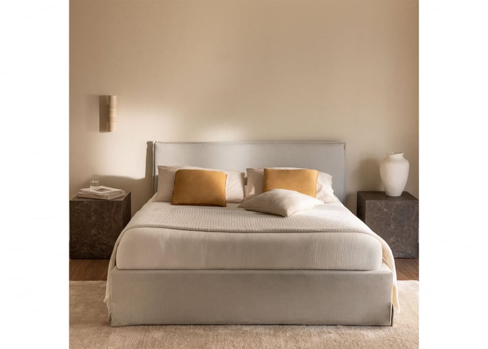 Lit avec coffre de rangement pour matelas 90x190cm en chenille blanc cassé Lorea