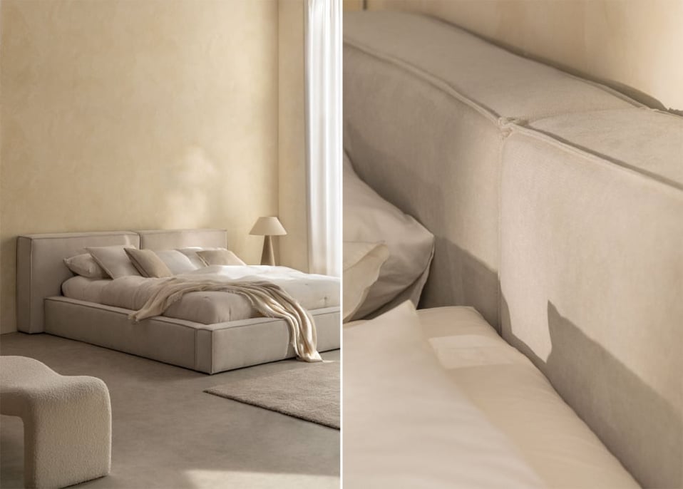 Lit avec coffre de rangement pour matelas 180x200cm en tissu gris sable Lunari