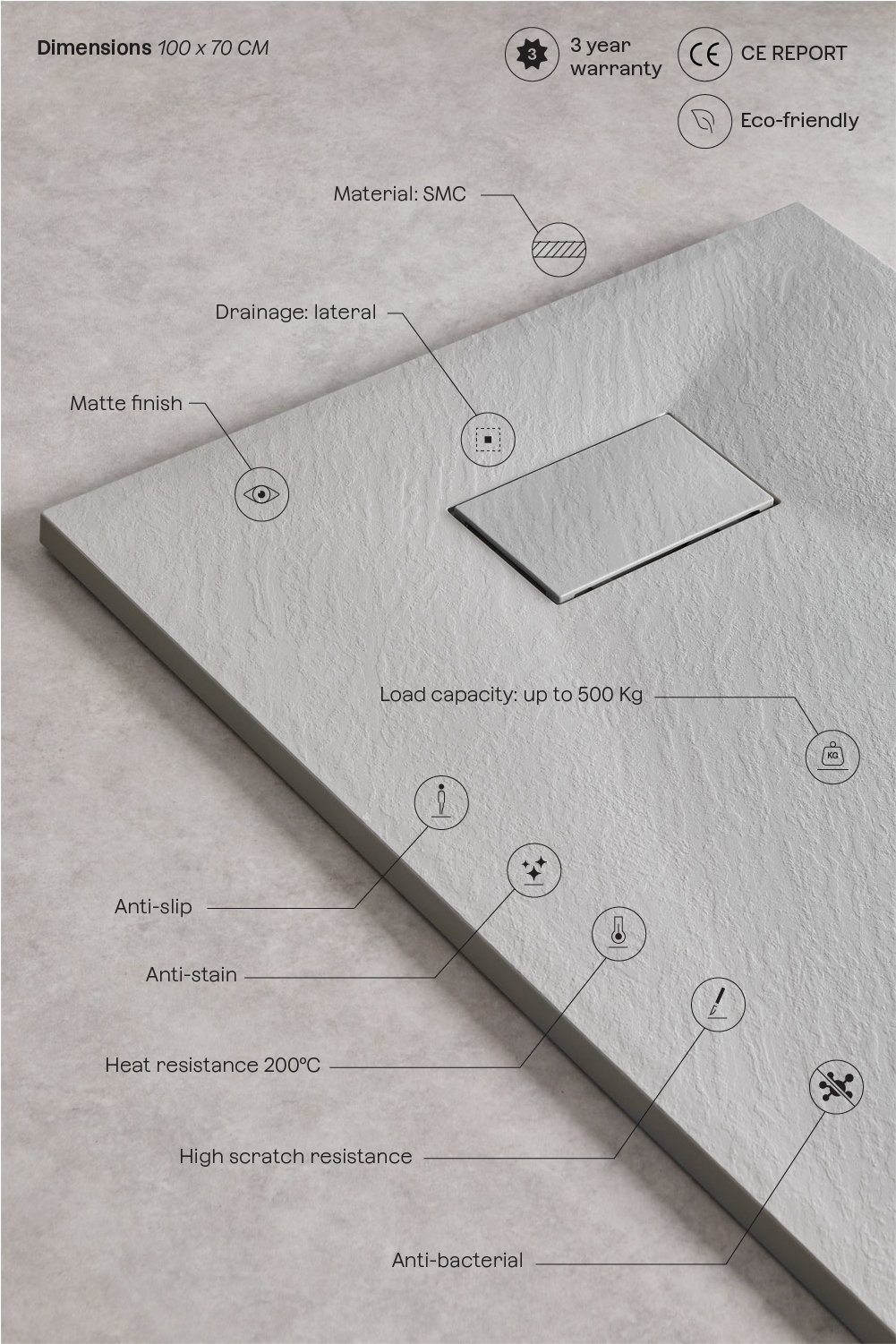 Receveur de douche rectangulaire Soho en résine SMC extra-plat, antidérapant, image de la galerie 3