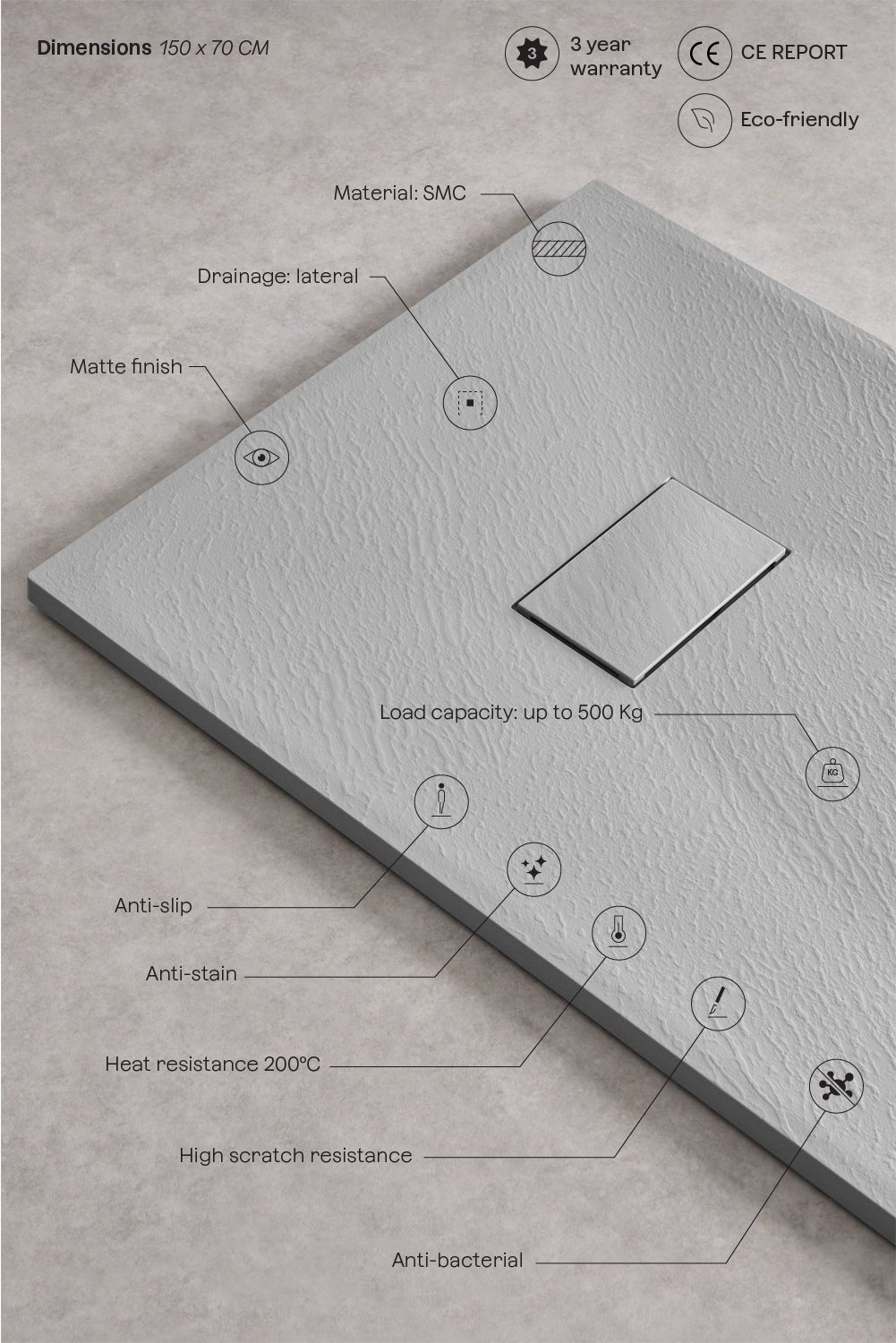 Receveur de douche rectangulaire Soho en résine SMC extra-plat, antidérapant, image de la galerie 3