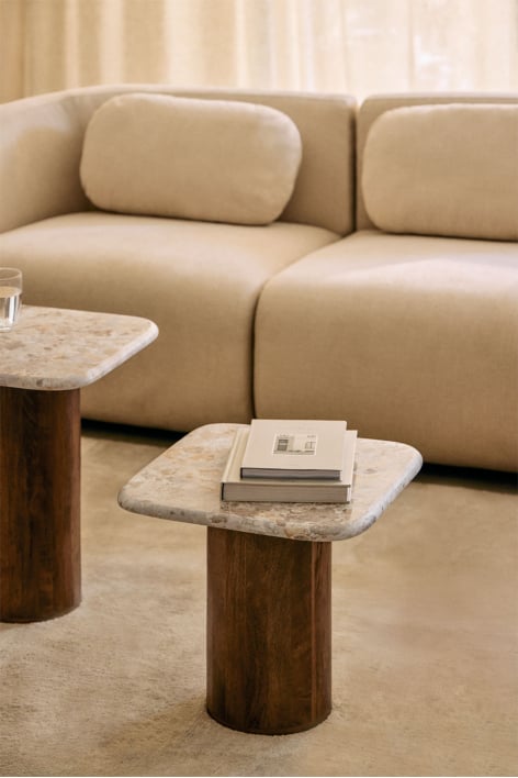 Table d'appoint carrée 40x40 cm en marbre et bois de manguier Merieines