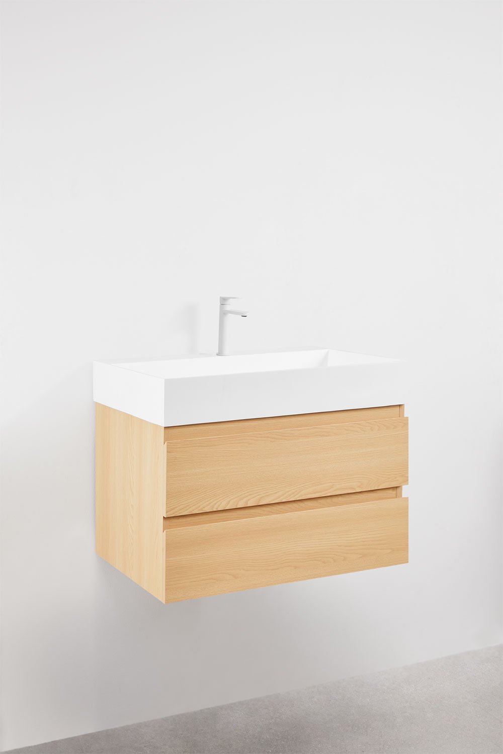 Ensemble de meuble de salle de bain suspendu en bois et placage de frêne avec lavabo intégré Ona, image de la galerie 3