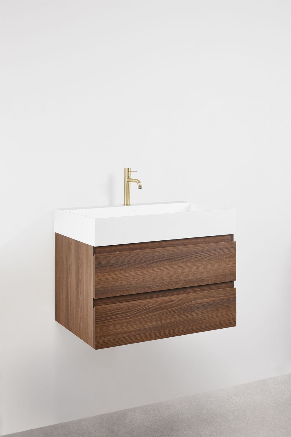 Ensemble de meuble de salle de bain suspendu en bois et placage de frêne avec lavabo intégré Ona, image de la galerie 3