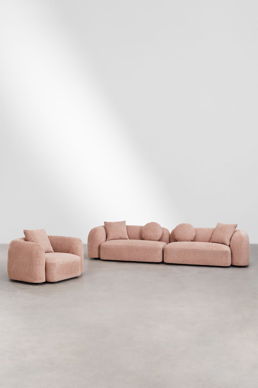 Ensemble de salon avec canapé modulaire 2 pièces et fauteuil en chenille Coco, image de la galerie 1