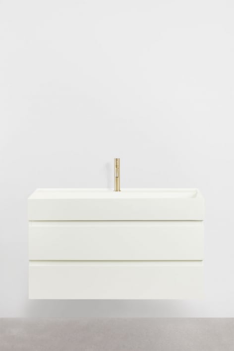 Ensemble de meuble de salle de bain en bois et placage de frêne avec lavabo intégré Ona - Blanc