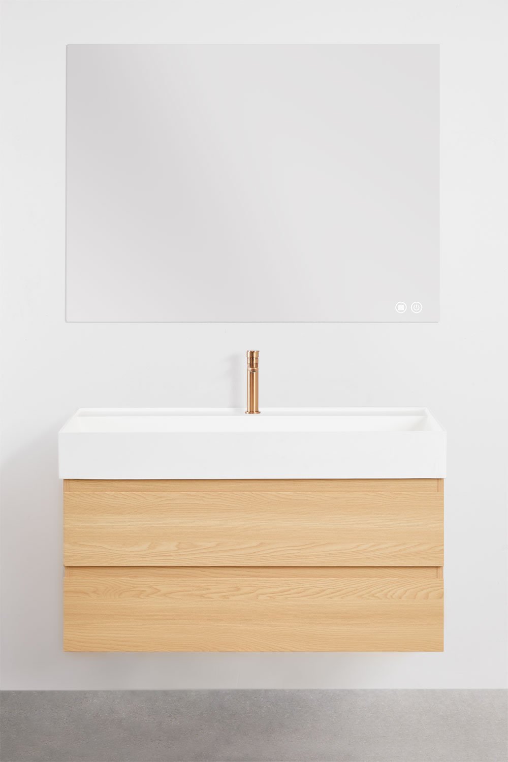 Ensemble de meuble de salle de bain suspendu en bois et placage de frêne avec lavabo intégré Ona, image de la galerie 2