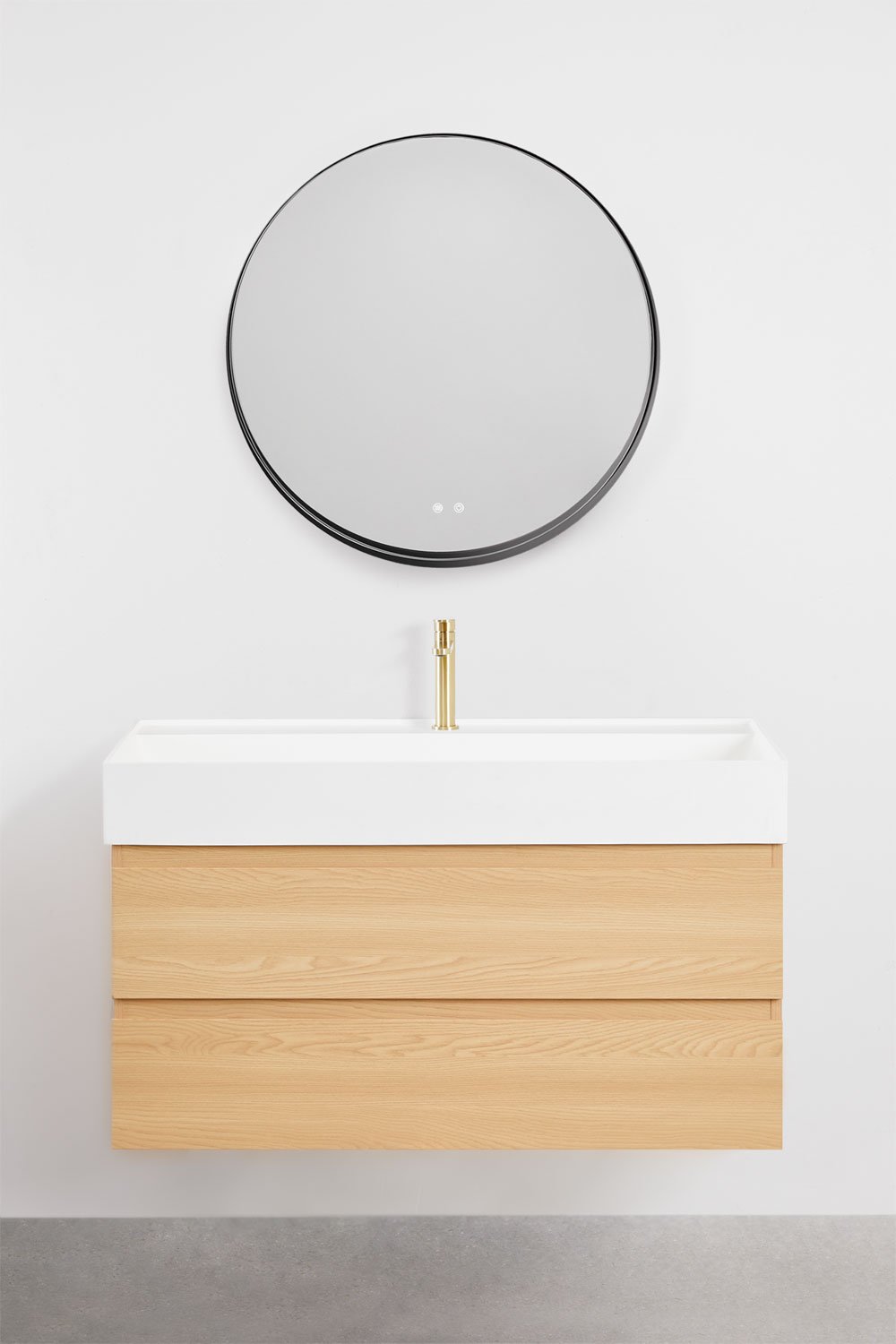 Ensemble de meuble de salle de bain suspendu en bois et placage de frêne avec lavabo intégré Ona, image de la galerie 2