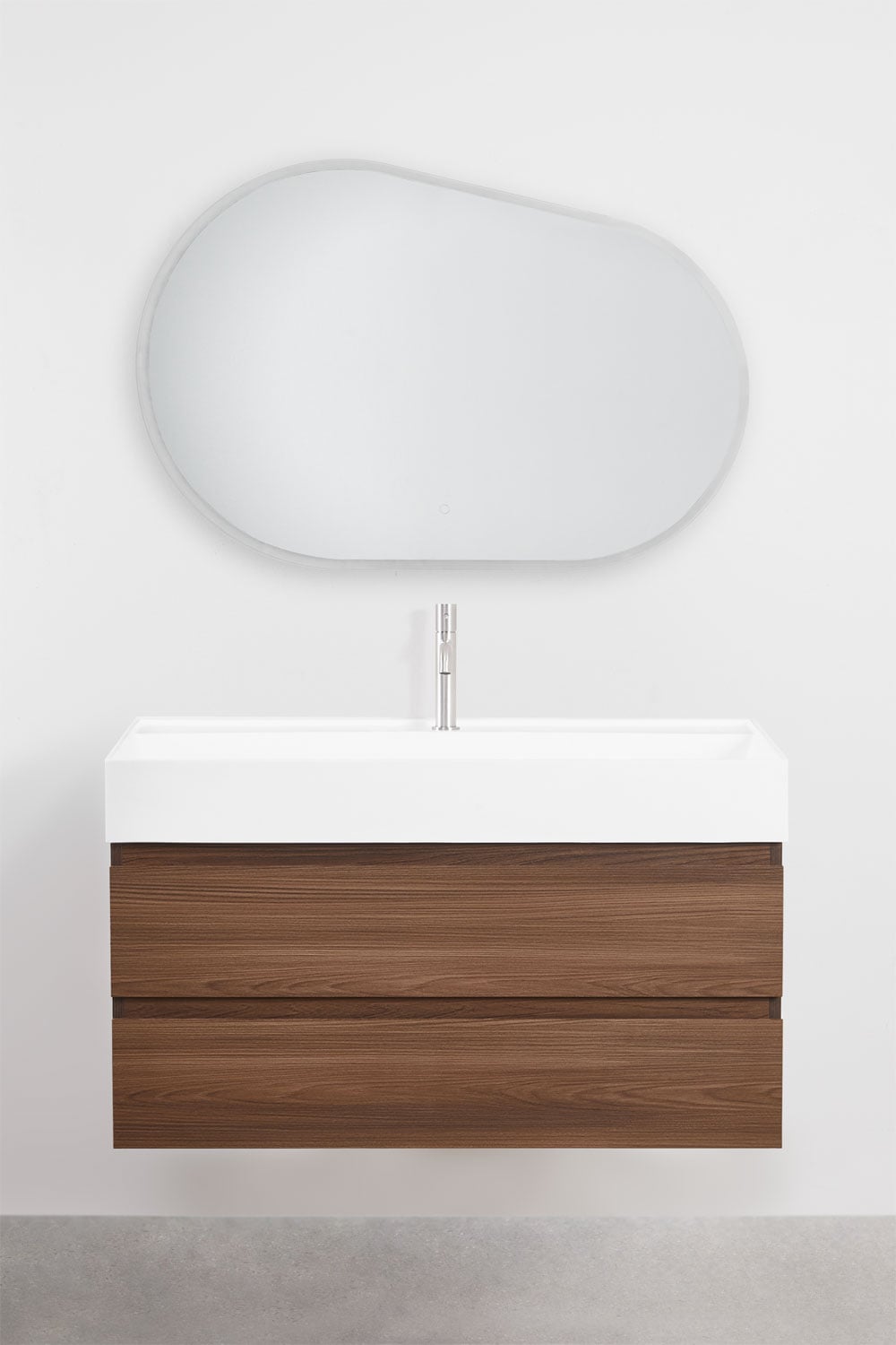Ensemble de meuble de salle de bain suspendu en bois et placage de frêne avec lavabo intégré Ona, image de la galerie 2